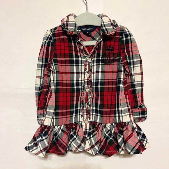 Ralph Lauren Crest Logo Red Plaid Ruffle Long Sleeve Christmas Holiday Dress - Picture 1 of 4